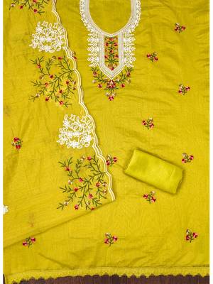 Lemon green floral embroidered chanderi cotton salwar suit material 3