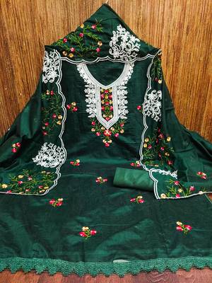 Dark green embroidered chanderi cotton salwar suit material 2