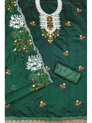 Dark green embroidered chanderi cotton salwar suit material 3