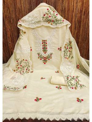 Cream floral embroidered chanderi cotton salwar suit material 2