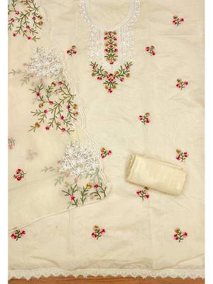 Cream floral embroidered chanderi cotton salwar suit material 3