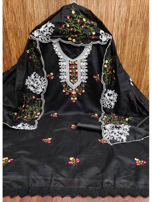 Black floral embroidered chanderi cotton salwar suit material 2