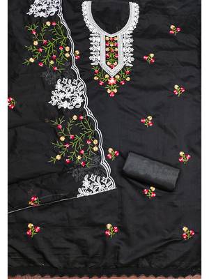 Black floral embroidered chanderi cotton salwar suit material 3