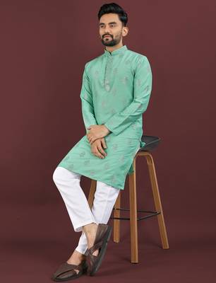Turquise embroidered silk straight kurta 2