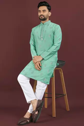 Turquise embroidered silk straight kurta