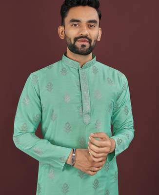 Turquise embroidered silk straight kurta 4