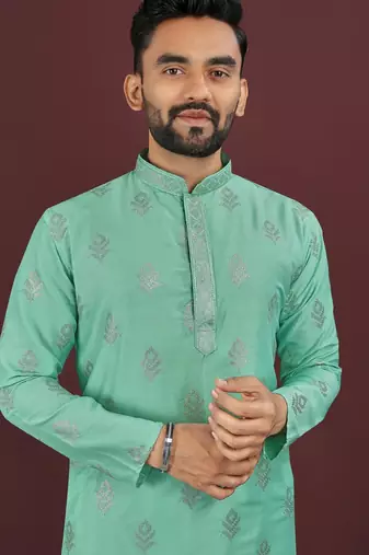 Turquise embroidered silk straight kurta
