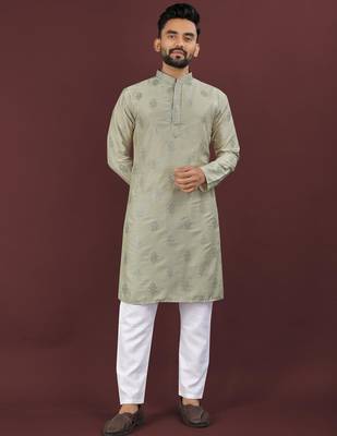 Green embroidered silk straight kurta 1
