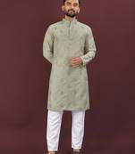 Green embroidered silk straight kurta
