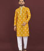 Yellow embroidered silk straight kurta