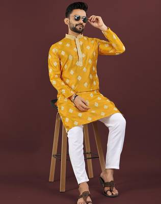 Yellow embroidered silk straight kurta 2
