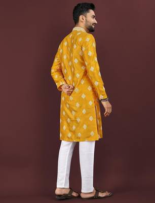 Yellow embroidered silk straight kurta 3