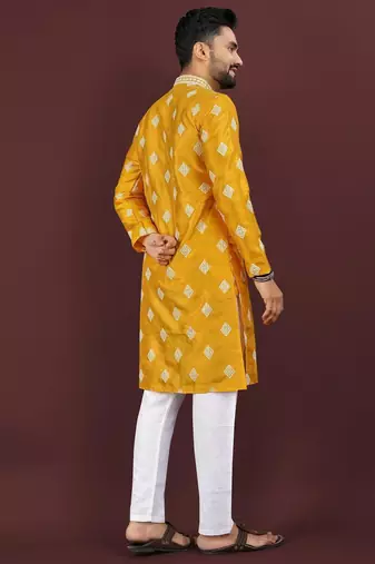 Yellow embroidered silk straight kurta