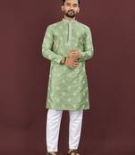 Green embroidered silk straight kurta