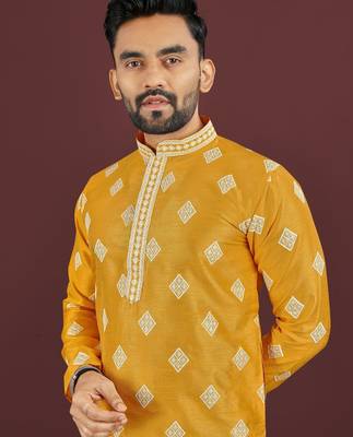 Yellow embroidered silk straight kurta 4