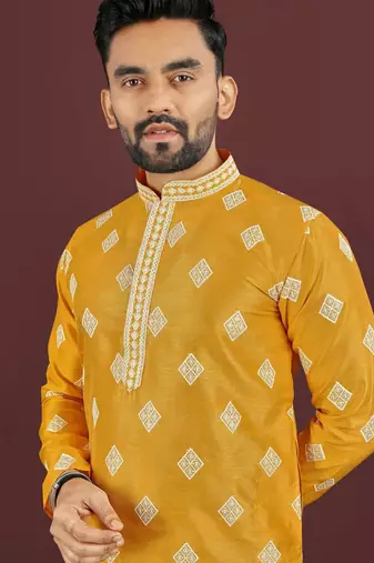 Yellow embroidered silk straight kurta