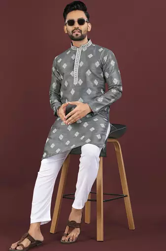 Grey embroidered silk straight kurta