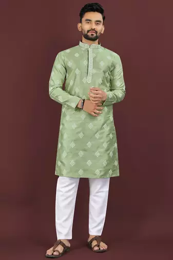 Green embroidered silk straight kurta