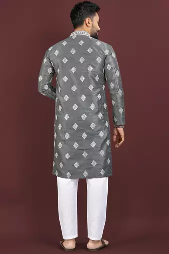Grey embroidered silk straight kurta