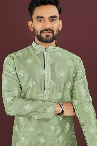 Green embroidered silk straight kurta