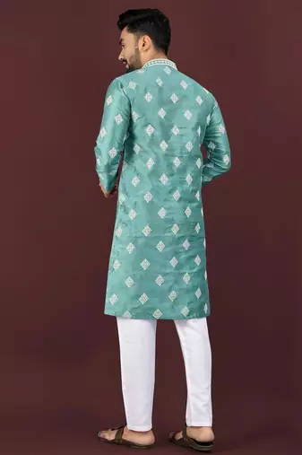 Blue embroidered silk straight kurta