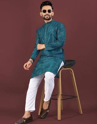 Teal embroidered silk straight kurta 2