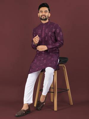 Purple embroidered silk straight kurta 2