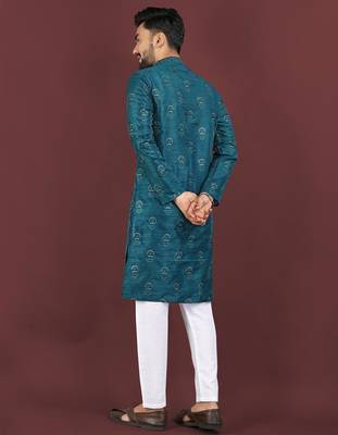 Teal embroidered silk straight kurta 4