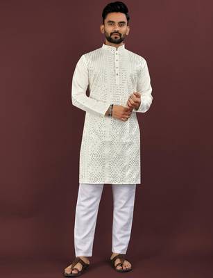 White embroidered silk straight kurta 1