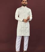 White embroidered silk straight kurta
