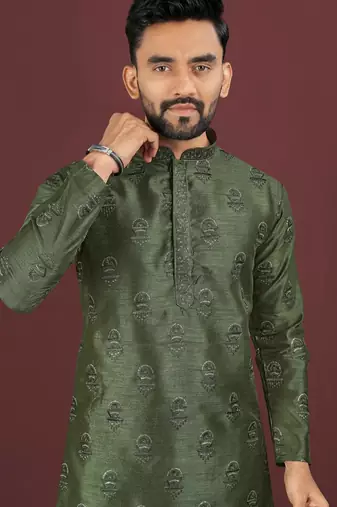 Green embroidered silk straight kurta