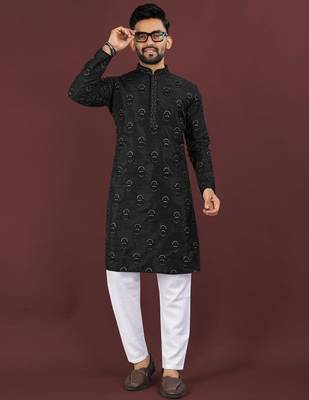Black embroidered silk straight kurta 2