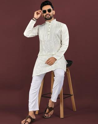 White embroidered silk straight kurta 2