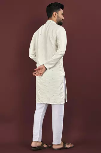 White embroidered silk straight kurta