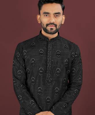 Black embroidered silk straight kurta 4