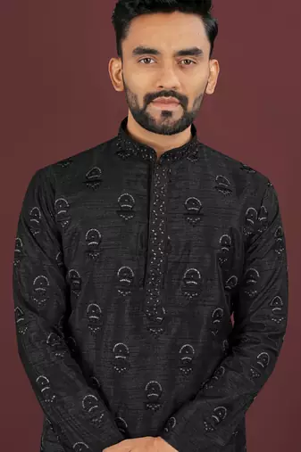 Black embroidered silk straight kurta