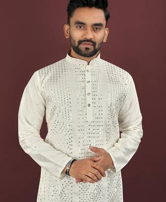 White embroidered silk straight kurta 4