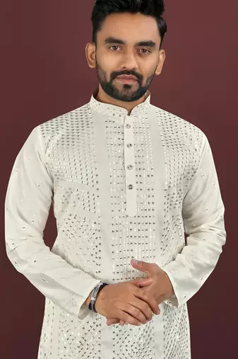 White embroidered silk straight kurta
