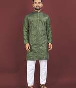 Dark green embroidered silk straight kurta