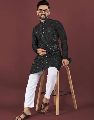 Black embroidered silk straight kurta 2