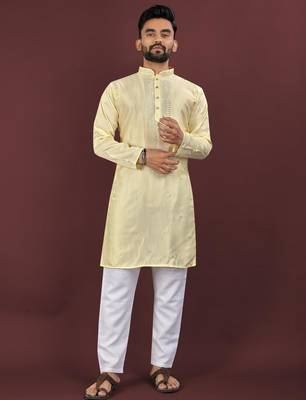 Yellow embroidered silk blend straight kurta 1