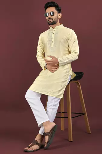 Yellow embroidered silk straight kurta