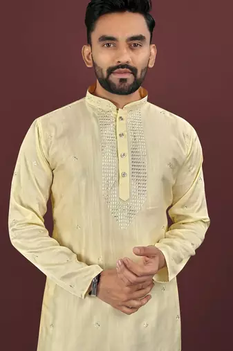 Yellow embroidered silk straight kurta