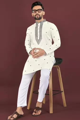 White embroidered silk straight kurta