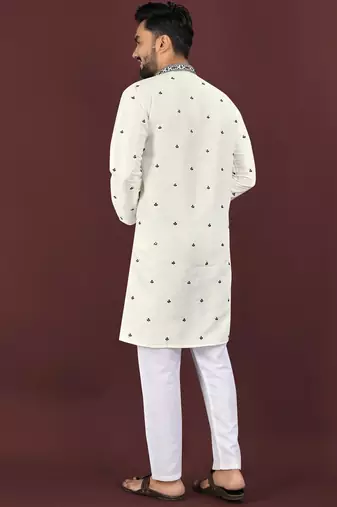 White embroidered silk straight kurta