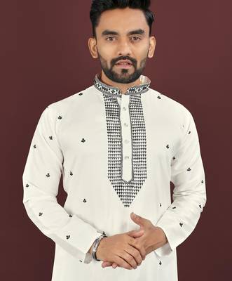 White embroidered silk blend straight kurta 4