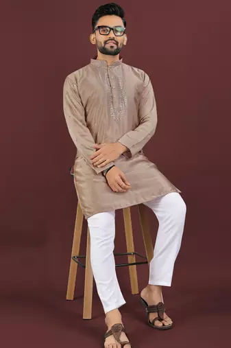 Brown embroidered silk straight kurta