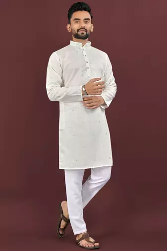 Beige embroidered silk straight kurta