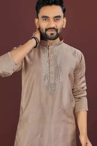 Brown embroidered silk straight kurta