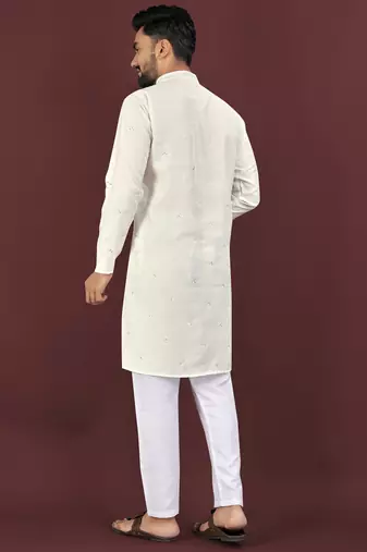 Beige embroidered silk straight kurta